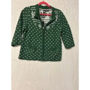 DC Shoes Womens Green Snowflake Fair Isle Full Zip Cardigan Sweater Large NWT‎